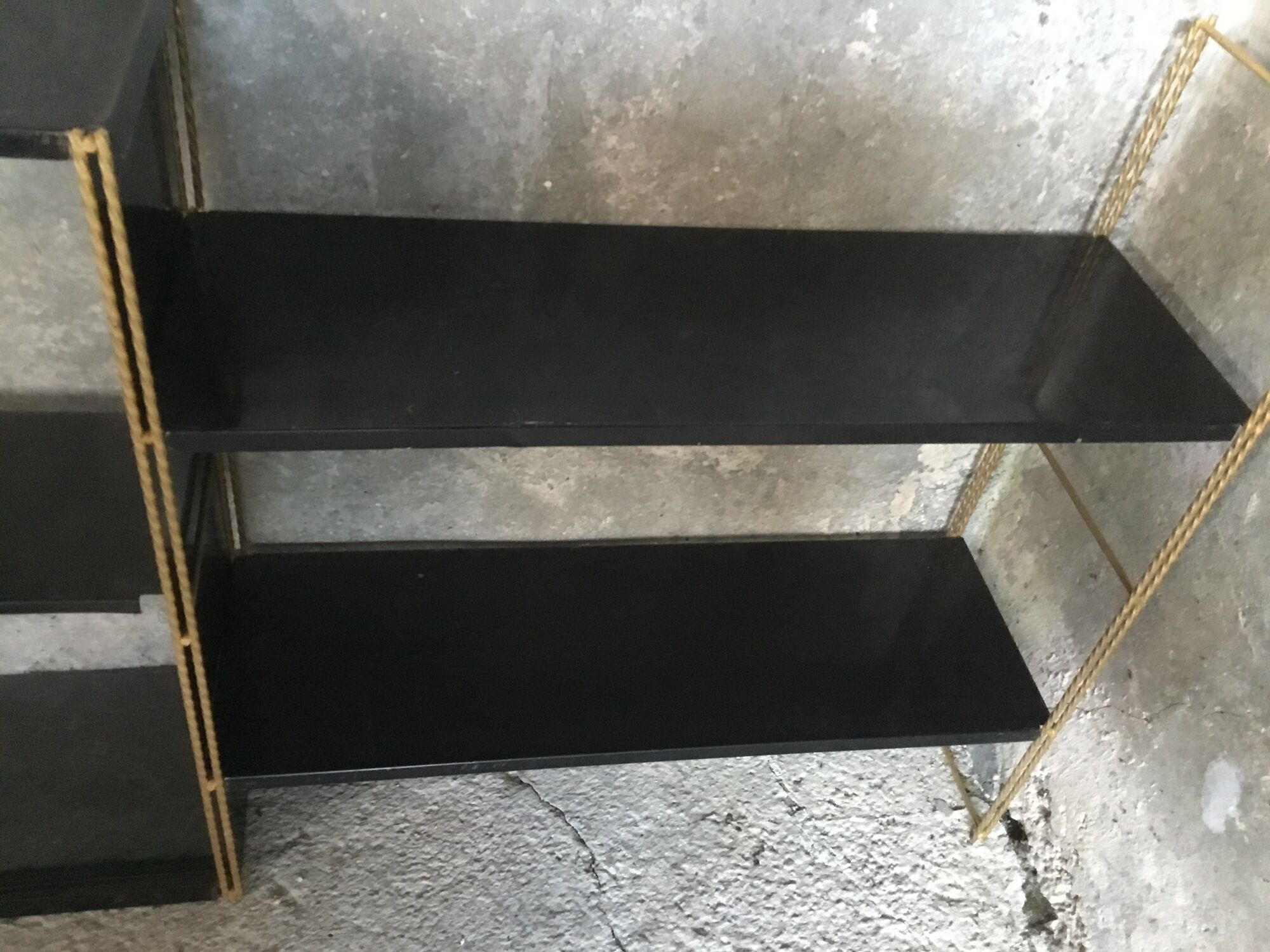Set of black and gold metal string shelves with glass box - vintage 1960