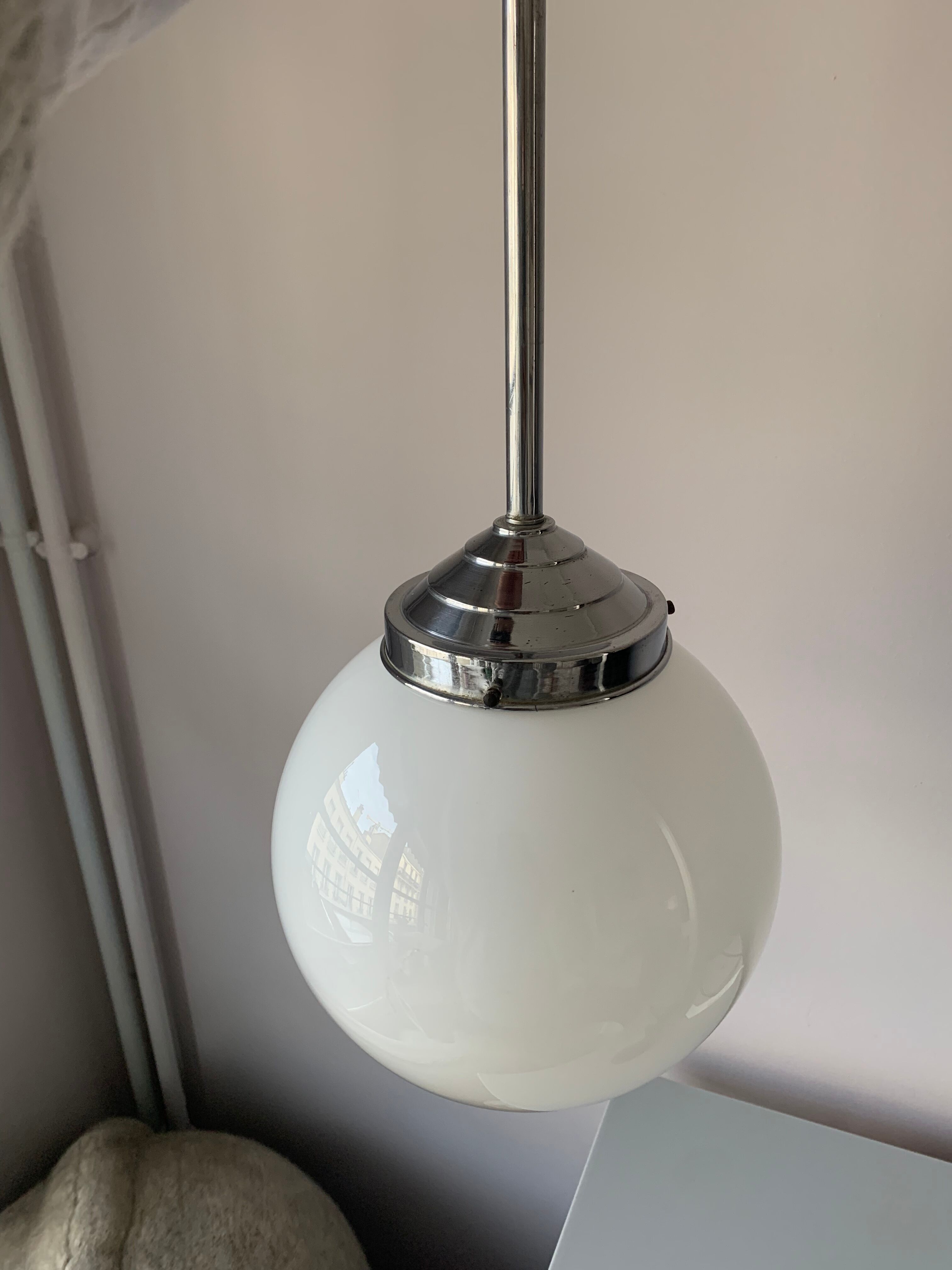 Vintage white chrome and opaline pendant lamp
