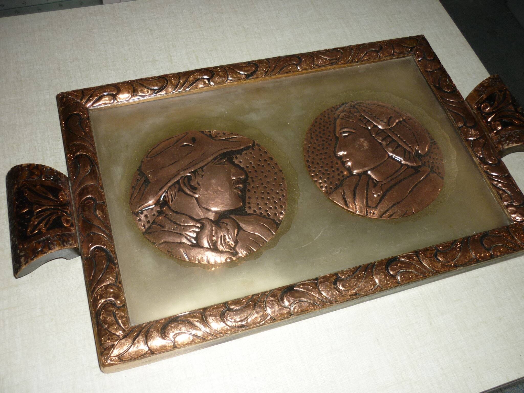 Serving tray in wood, copper and glazed 1950