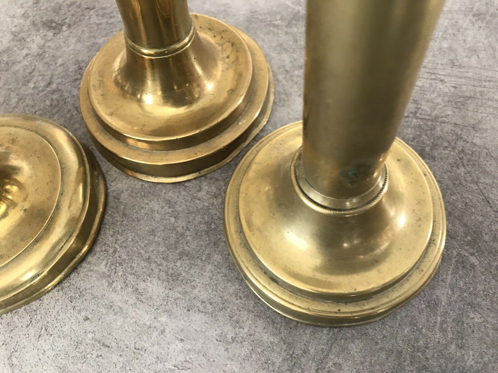 Set of 3 old brass copper zipper candlesticks