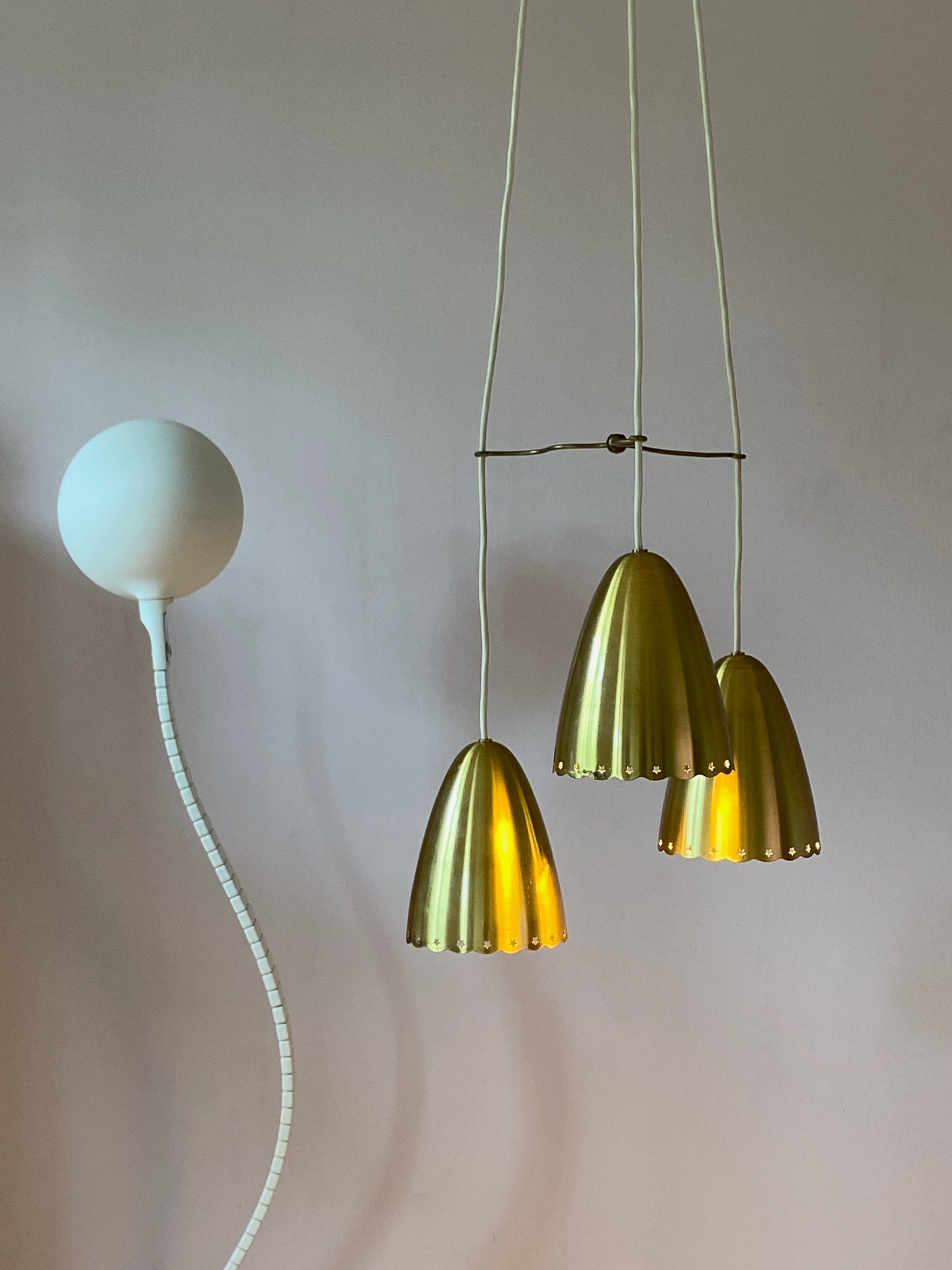 Golden bell mid-century brass pendant lamp set denmark 1960's