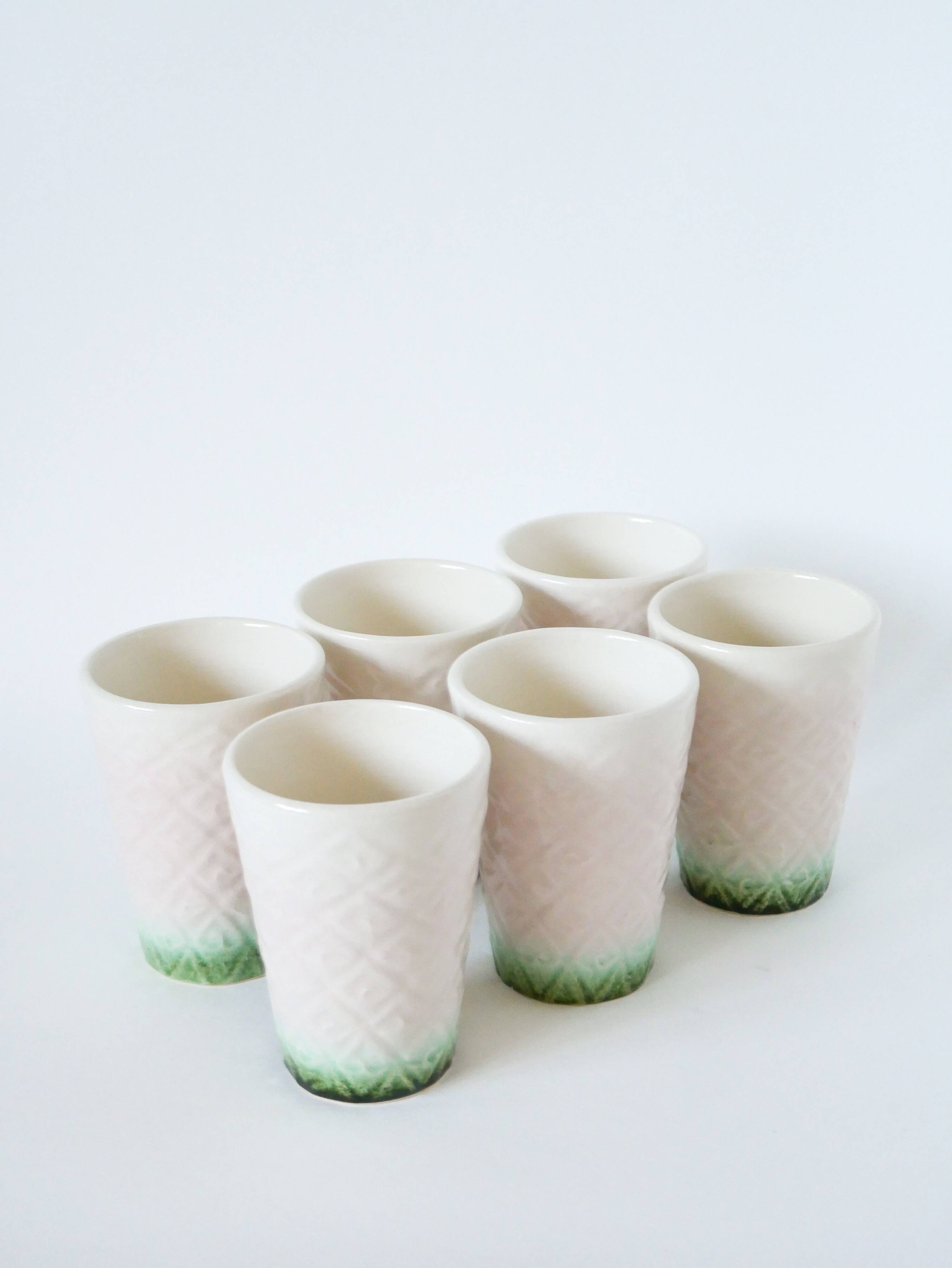 Set of 6 pink and green slip glasses Digoin Sarreguemines, 1970