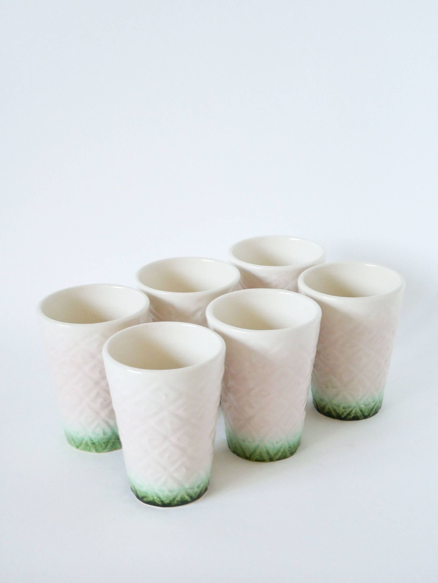 Set of 6 pink and green slip glasses Digoin Sarreguemines, 1970
