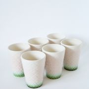 Set of 6 pink and green slip glasses Digoin Sarreguemines, 1970