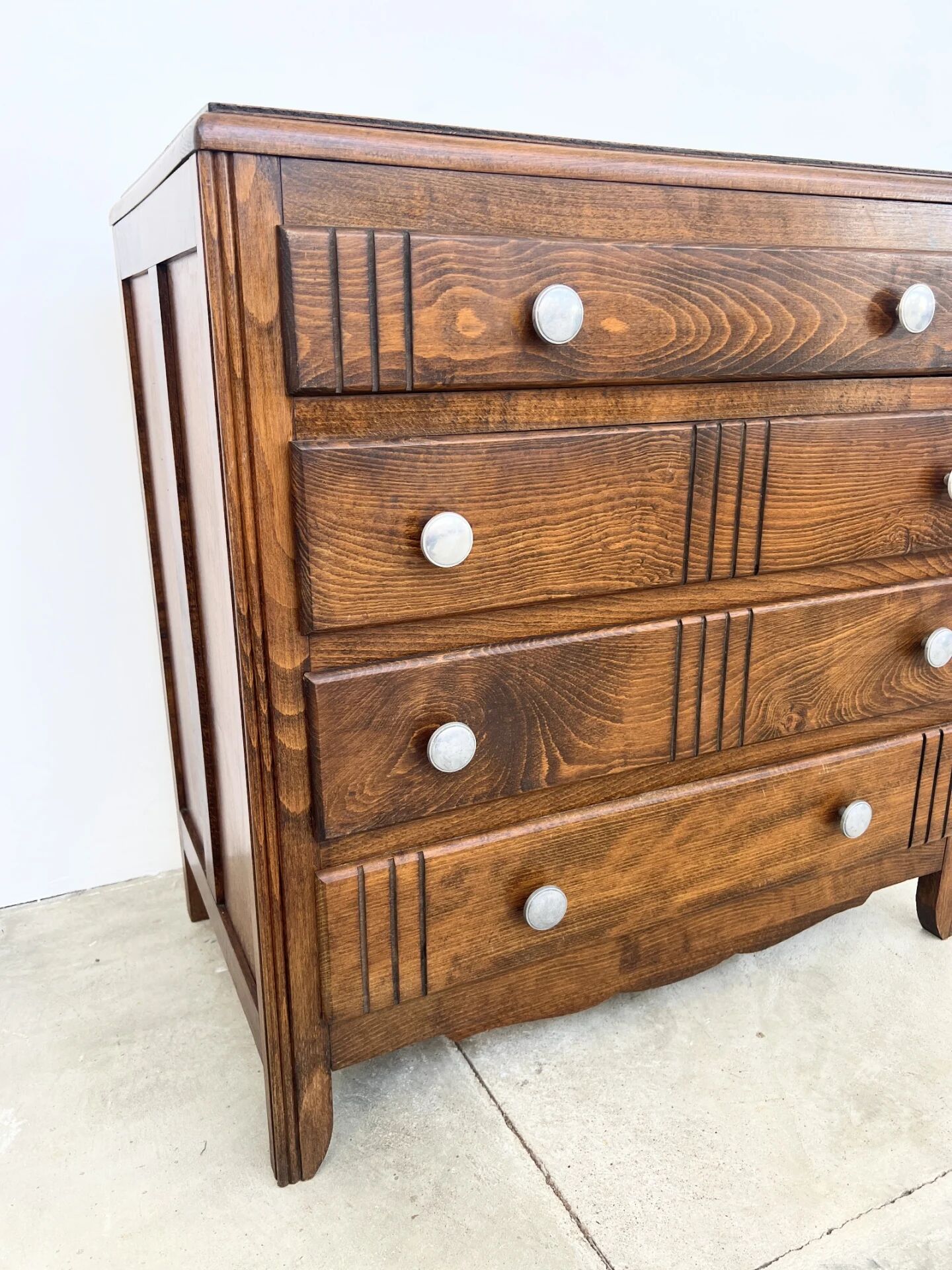 Small chest of drawers with 4 drawers — solid wood, Art Deco patterns, France 1950s
