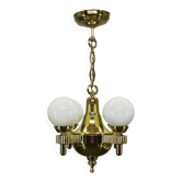 1920s Czech Art Deco Brass and Opaline Glass Globe Chandelier