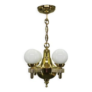 1920s Czech Art Deco Brass and Opaline Glass Globe Chandelier