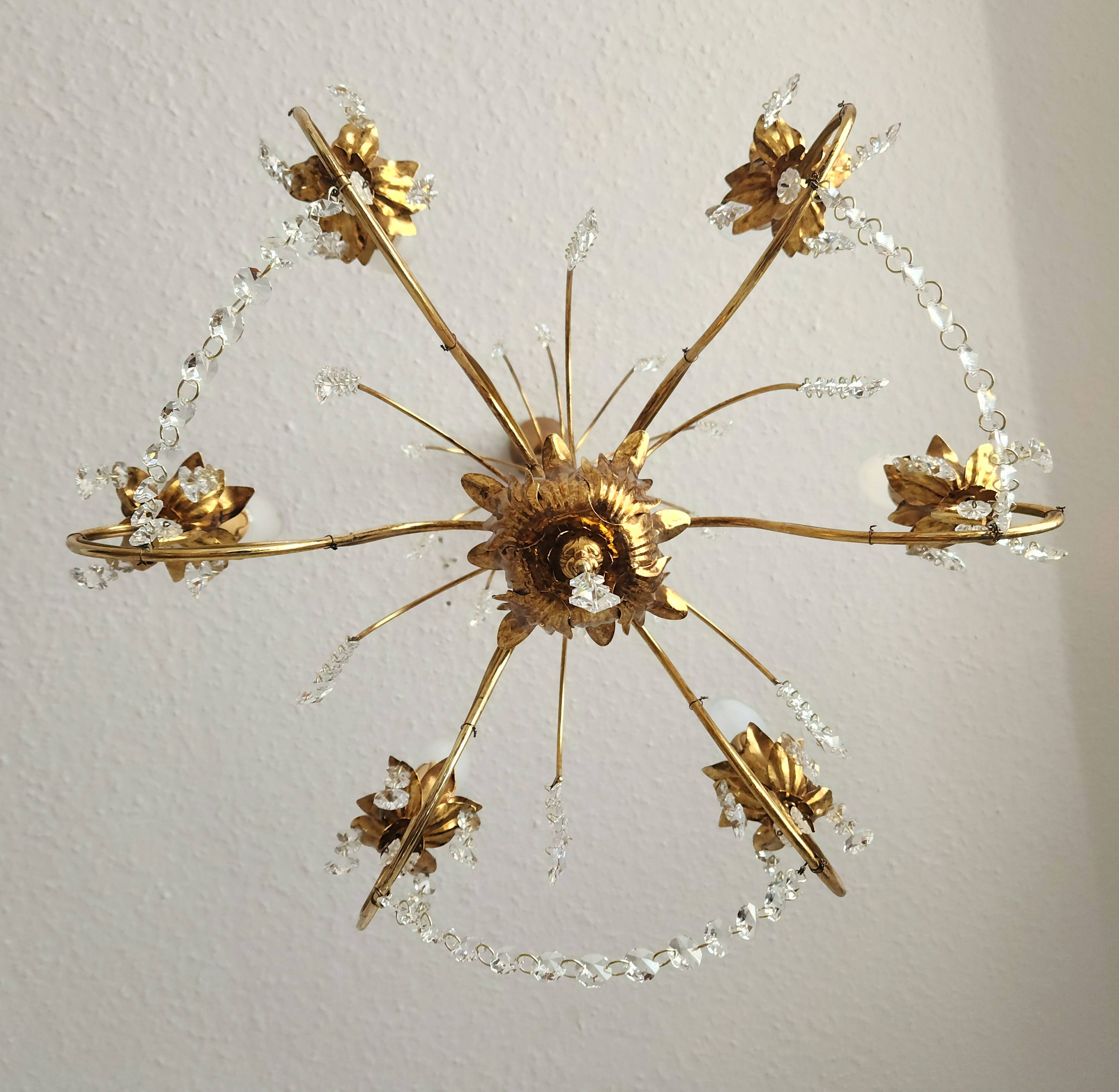 Messing doré lustre à 6 lumières lampe cristal cascade 1950-1970