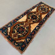 Vintage turkish runner 170x68 cm kazak rug, terracotta red, green, beige blue