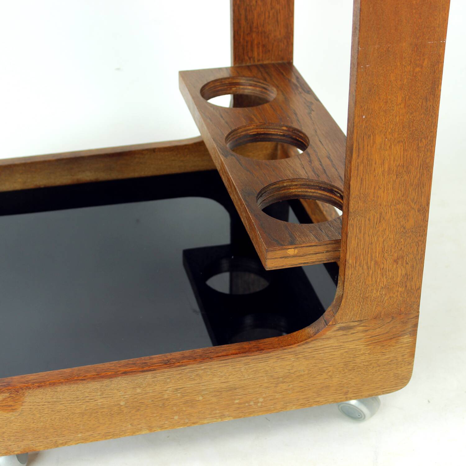 Mid Century Modern Wooden Bar Cart With Black Opaline Glass, 1960s