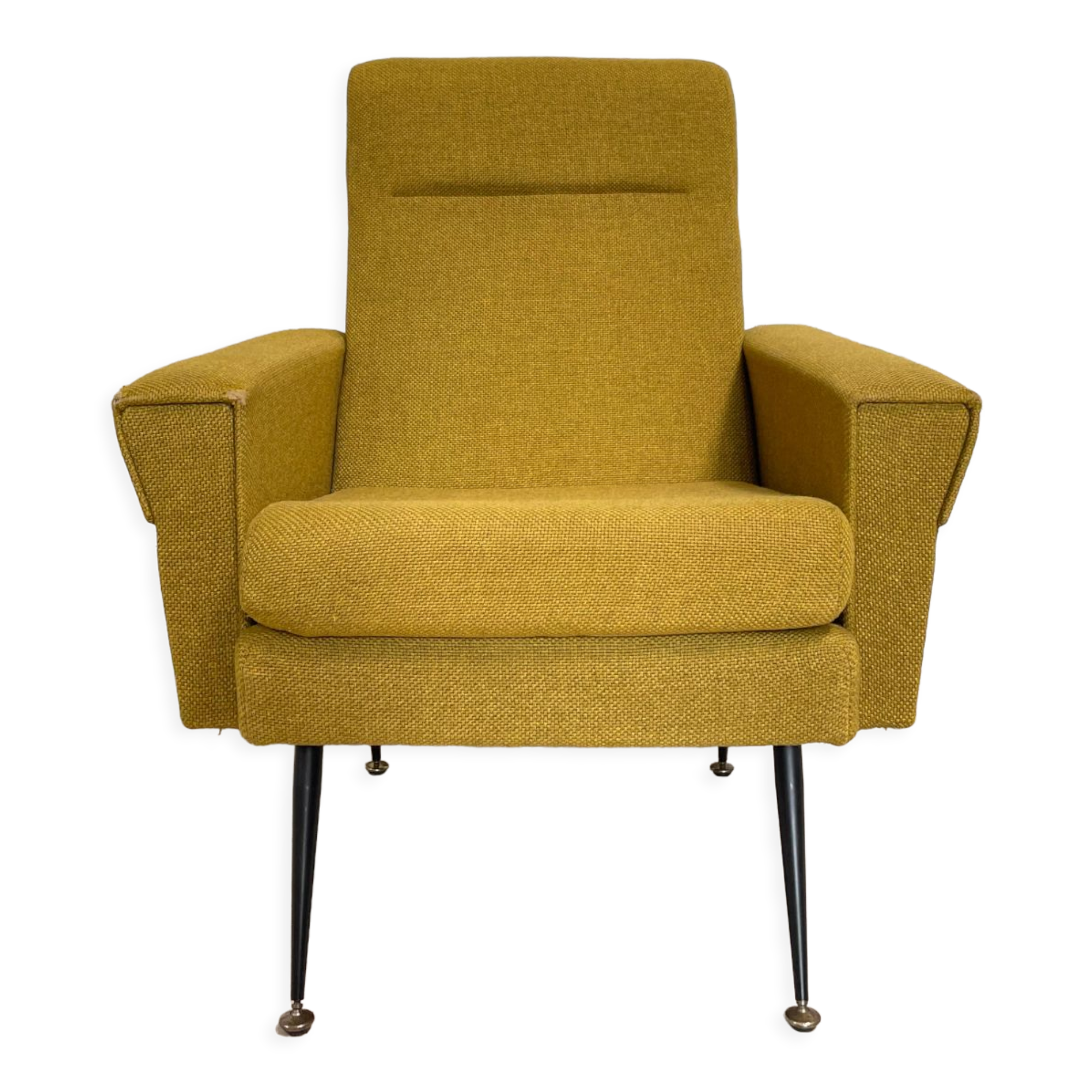 Vintage armchair in fabric and metal compass legs, circa 1950.