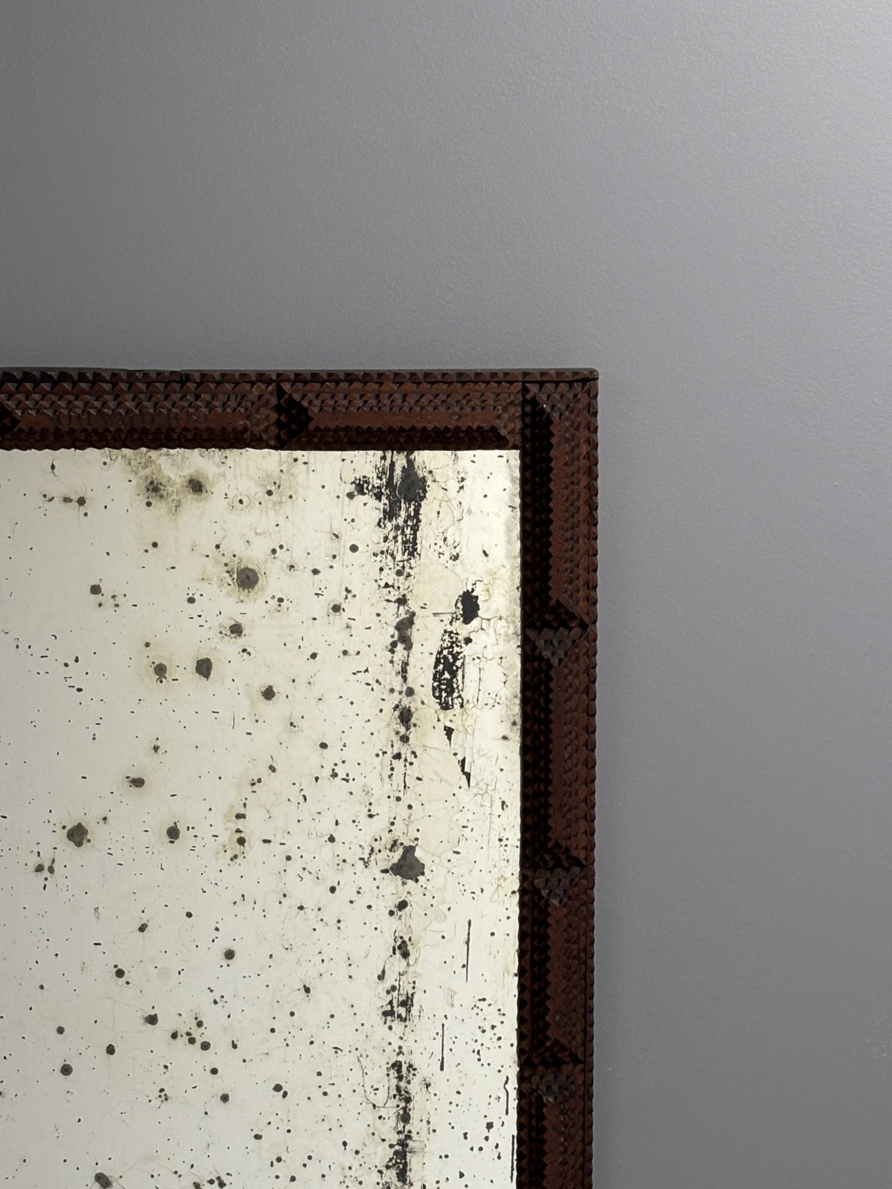 Antique tramp art folk art distressed mirror, Belgium ca 1900s