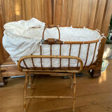 Bamboo, rattan, wicker cradle bassinet from the 1960s with a foldable support.