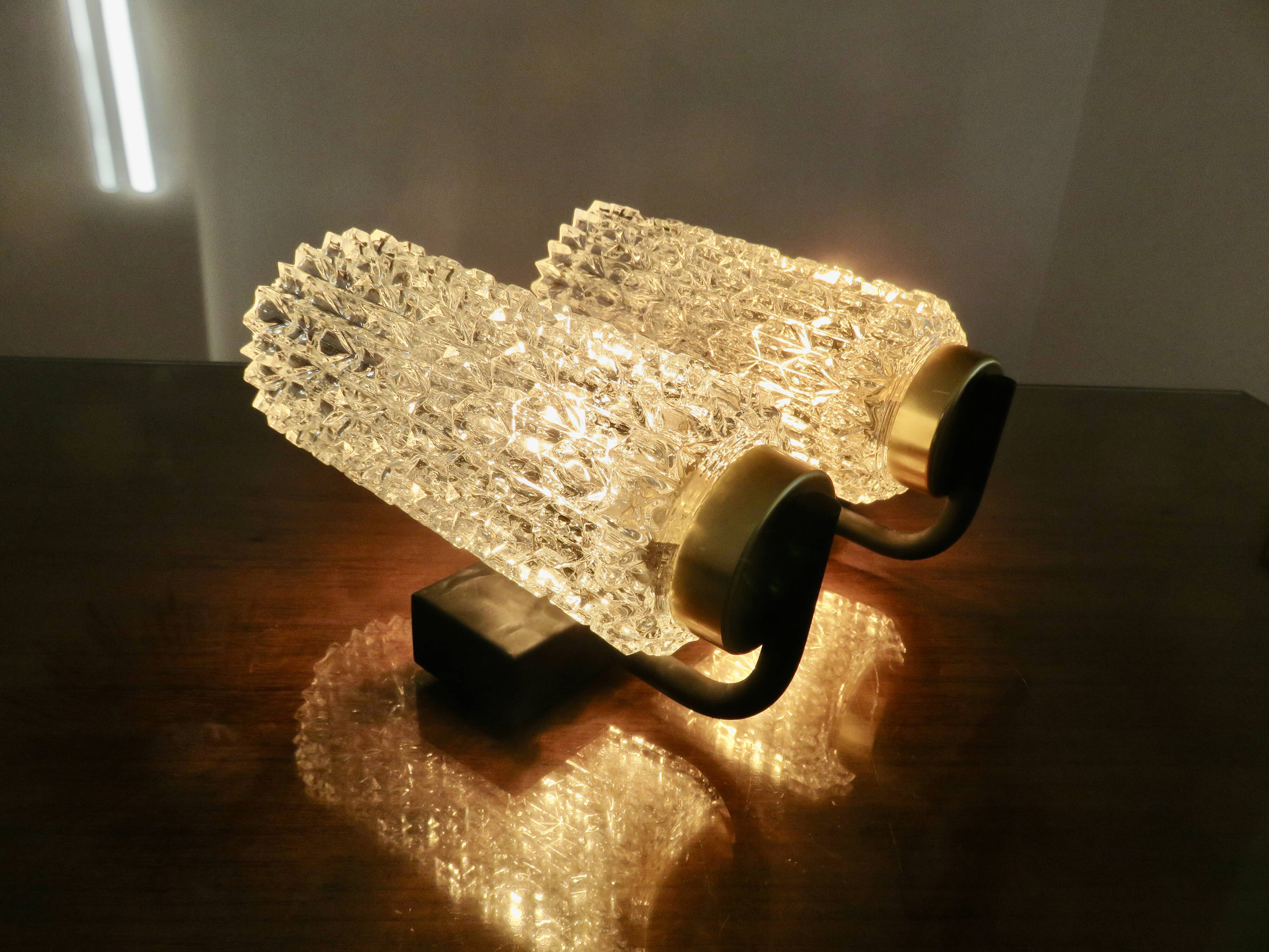 Arlus style double wall lamp in gold metal and black lacquered metal, diamond tip glass 1960