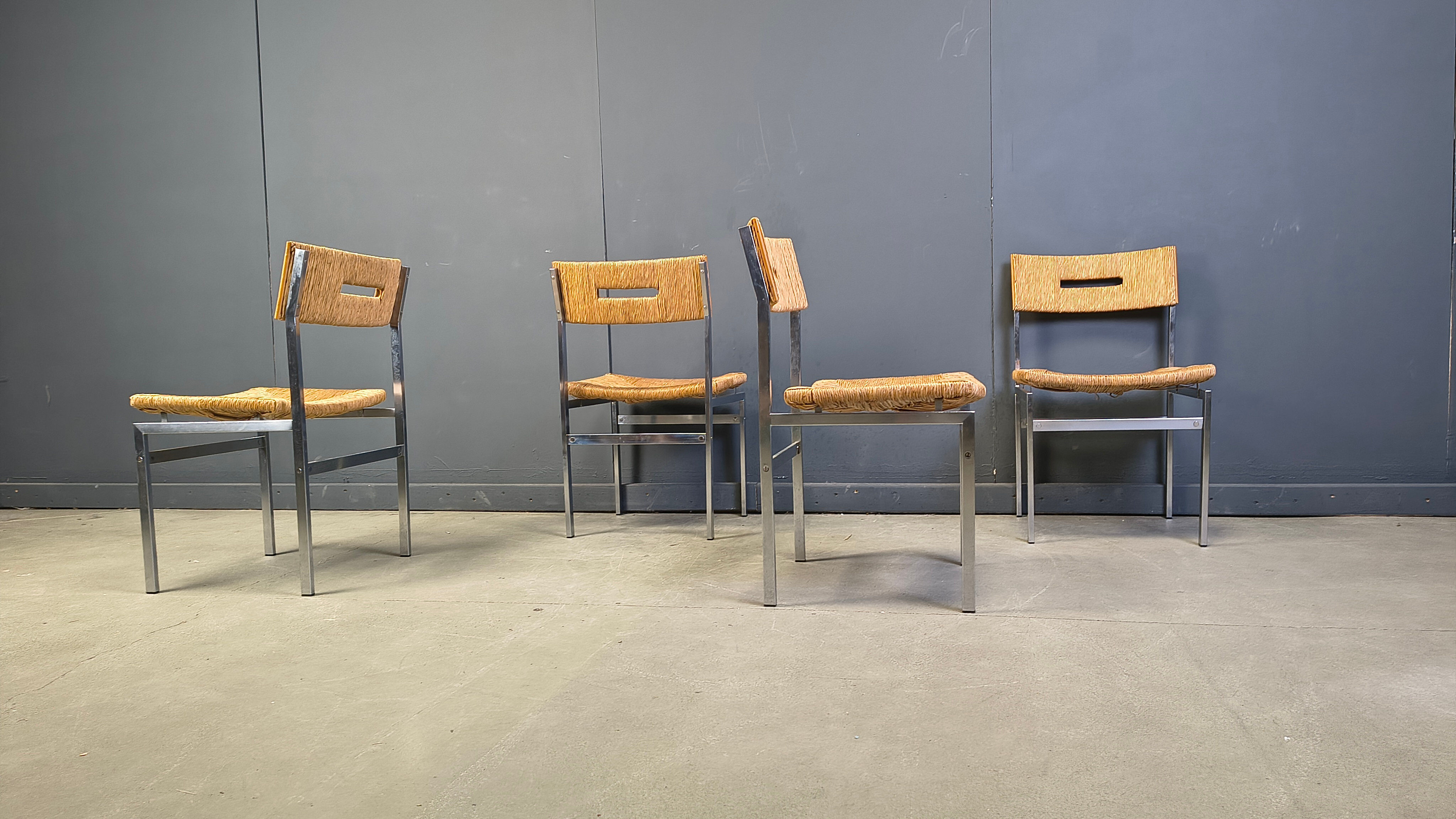 Belgian wicker and chrome dining chairs, 1970s - set of 4