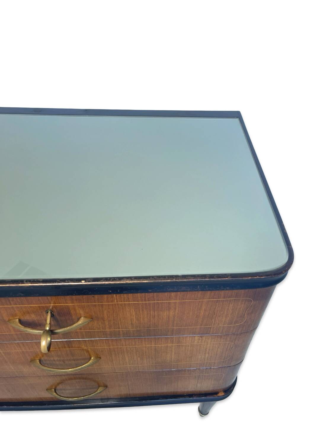 Commode en acajou plaqué avec plateau en verre vert, années 1950
