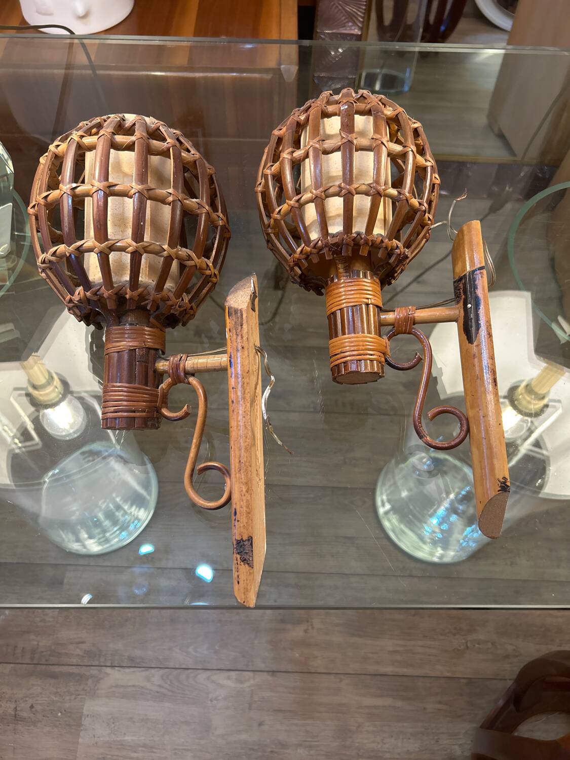 Pair of wall lights, rattan, 1950