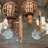 Pair of wall lights, rattan, 1950