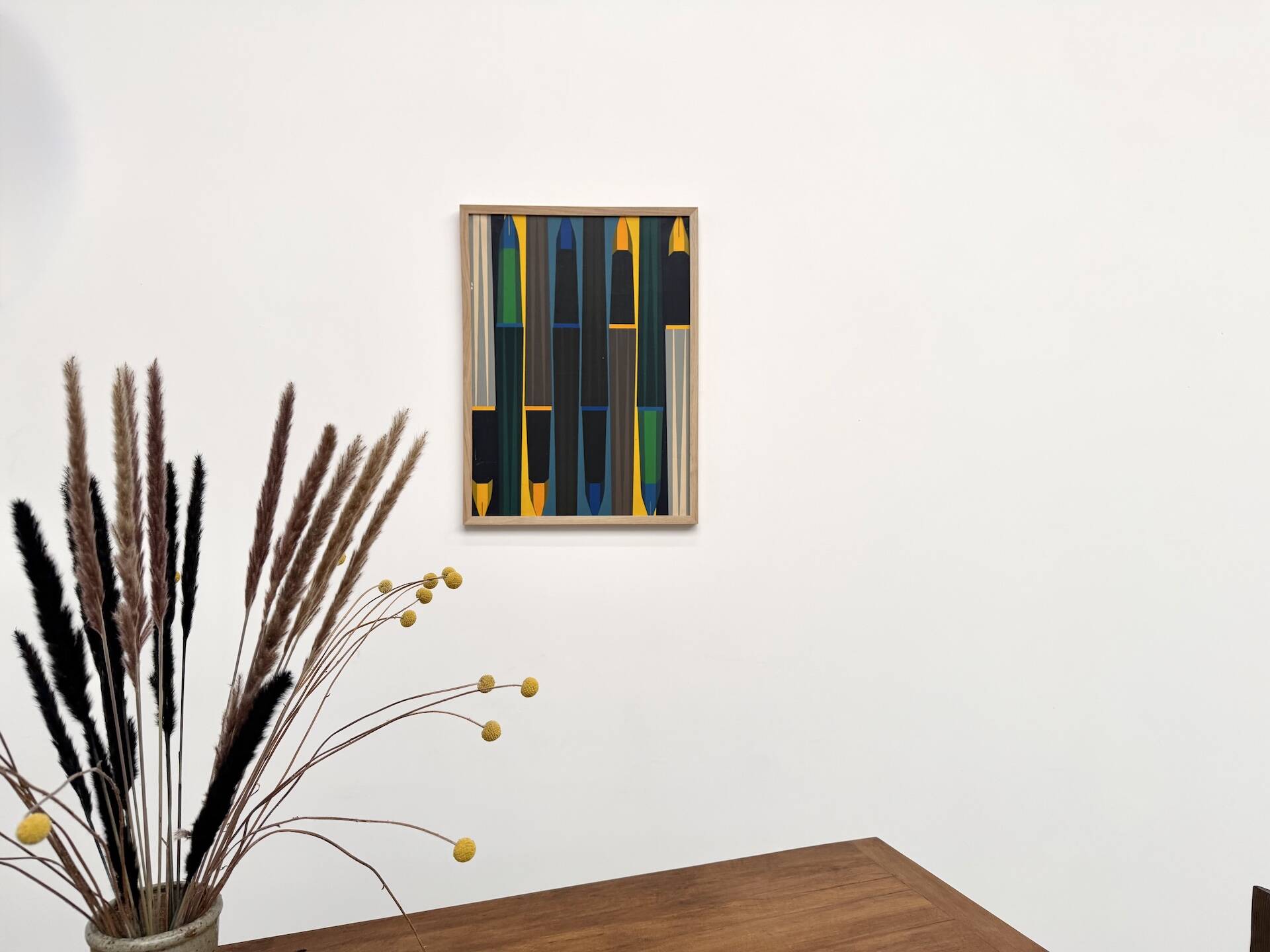 Peinture abstraite géométrique, huile sur toile encadrée chêne, années 1970