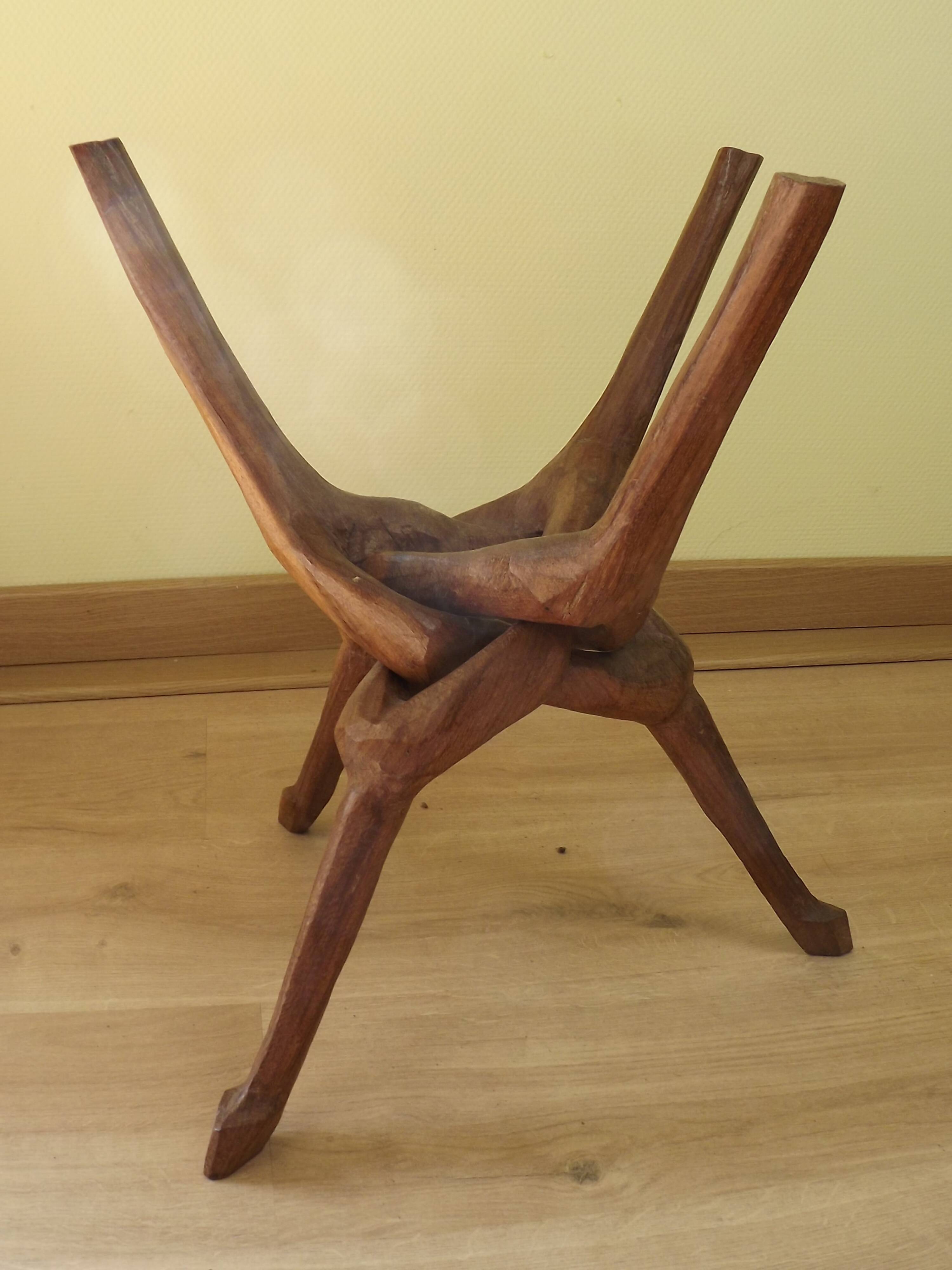 Carved African Hardwood Occasional Table with Geometric Top and Interlocking Legs