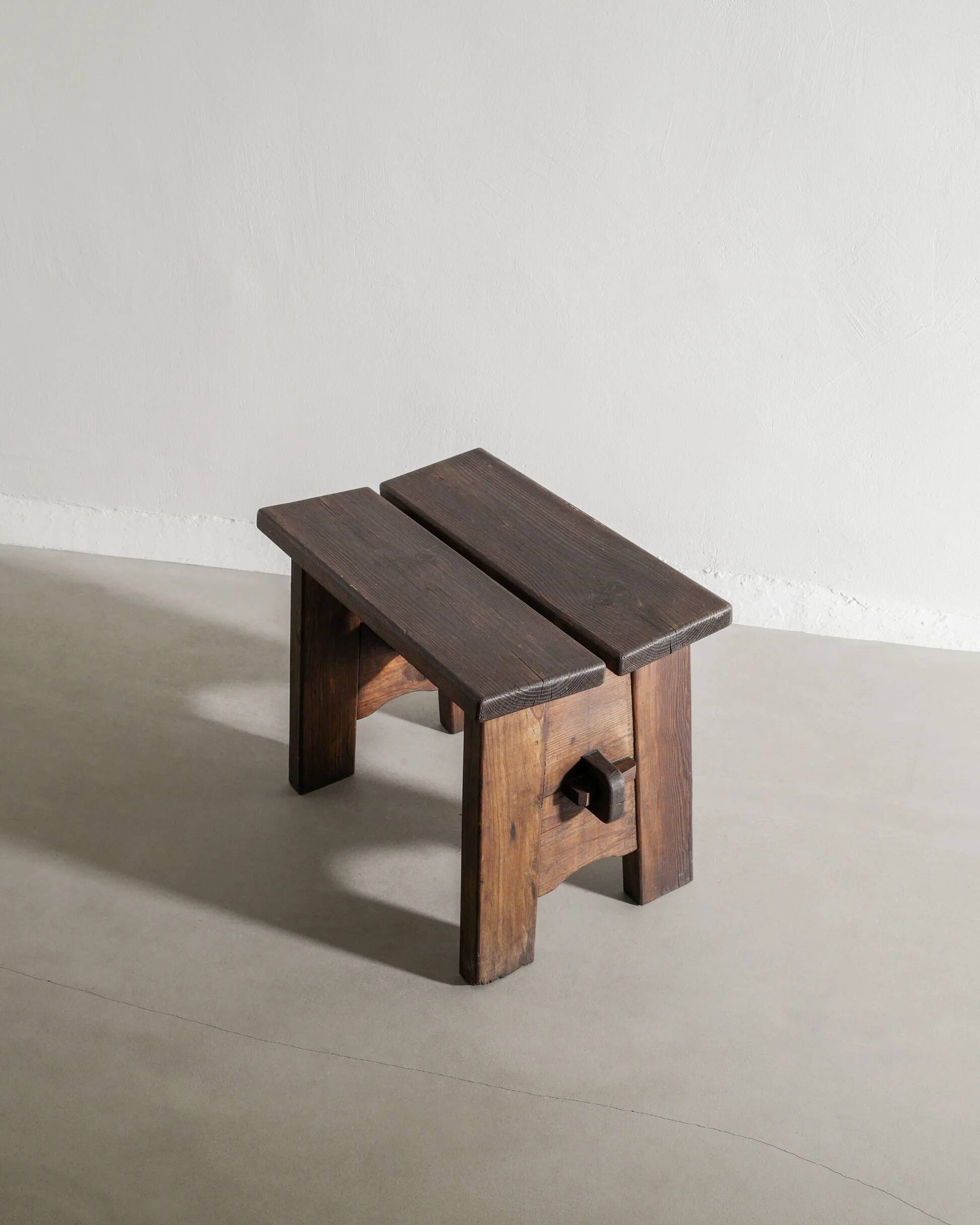 Vintage Swedish Dark Wooden "Berga" Pine Stool by David Rosén, 1930s