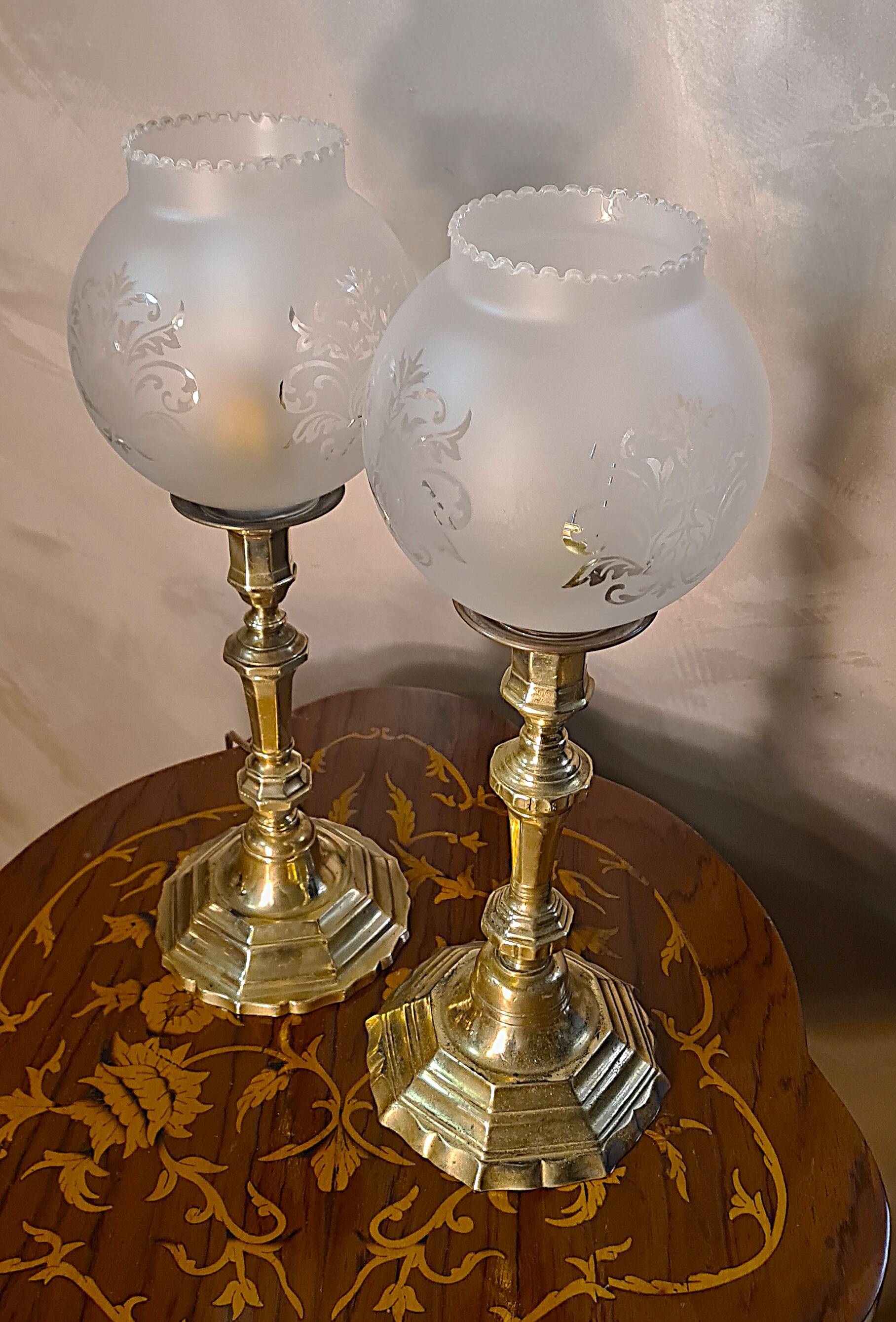 pair of art deco brass lamps with opaque etched glass 39x12