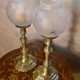 pair of art deco brass lamps with opaque etched glass 39x12