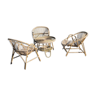 Rattan living room 3 armchairs and 1 coffee table from the 50s