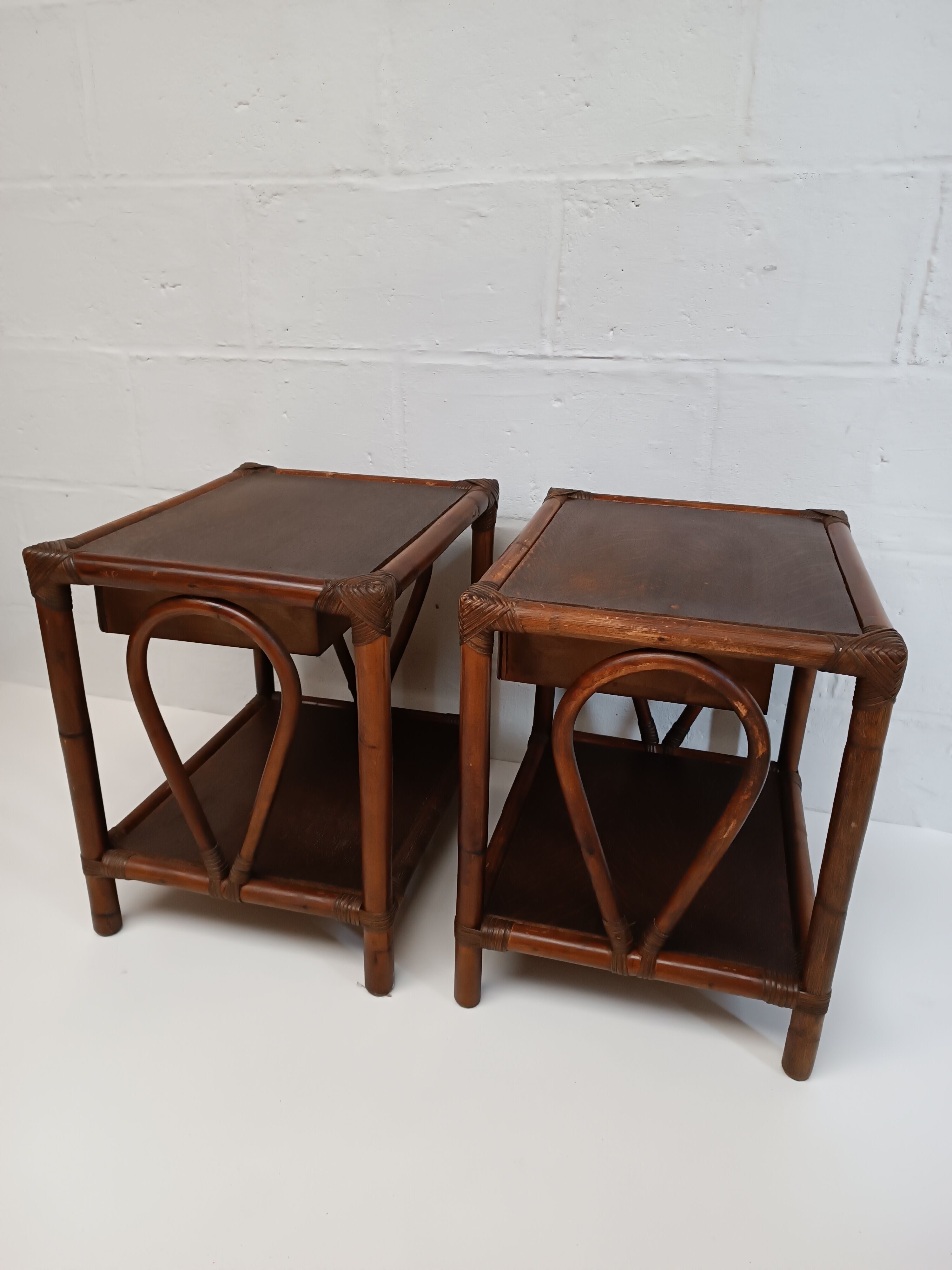 Pair of wooden bedside tables, bamboo and canning