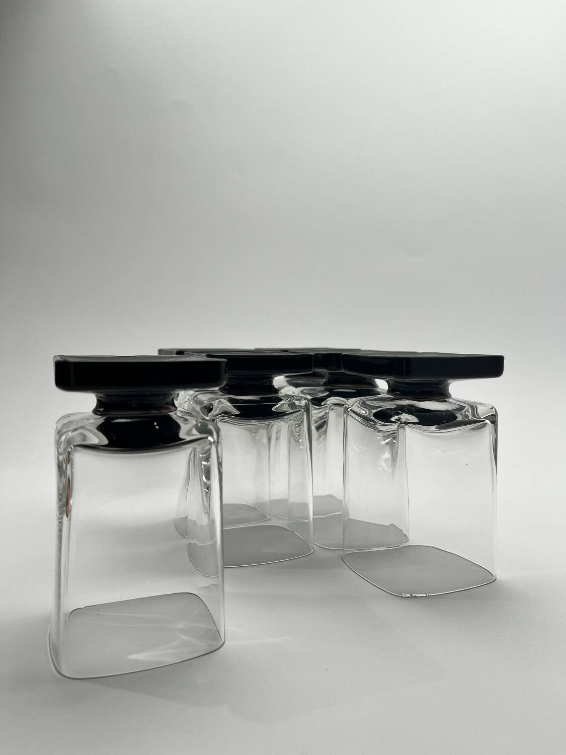 Set of 11 Black glass Square Footed Cocktail Glasses 1970