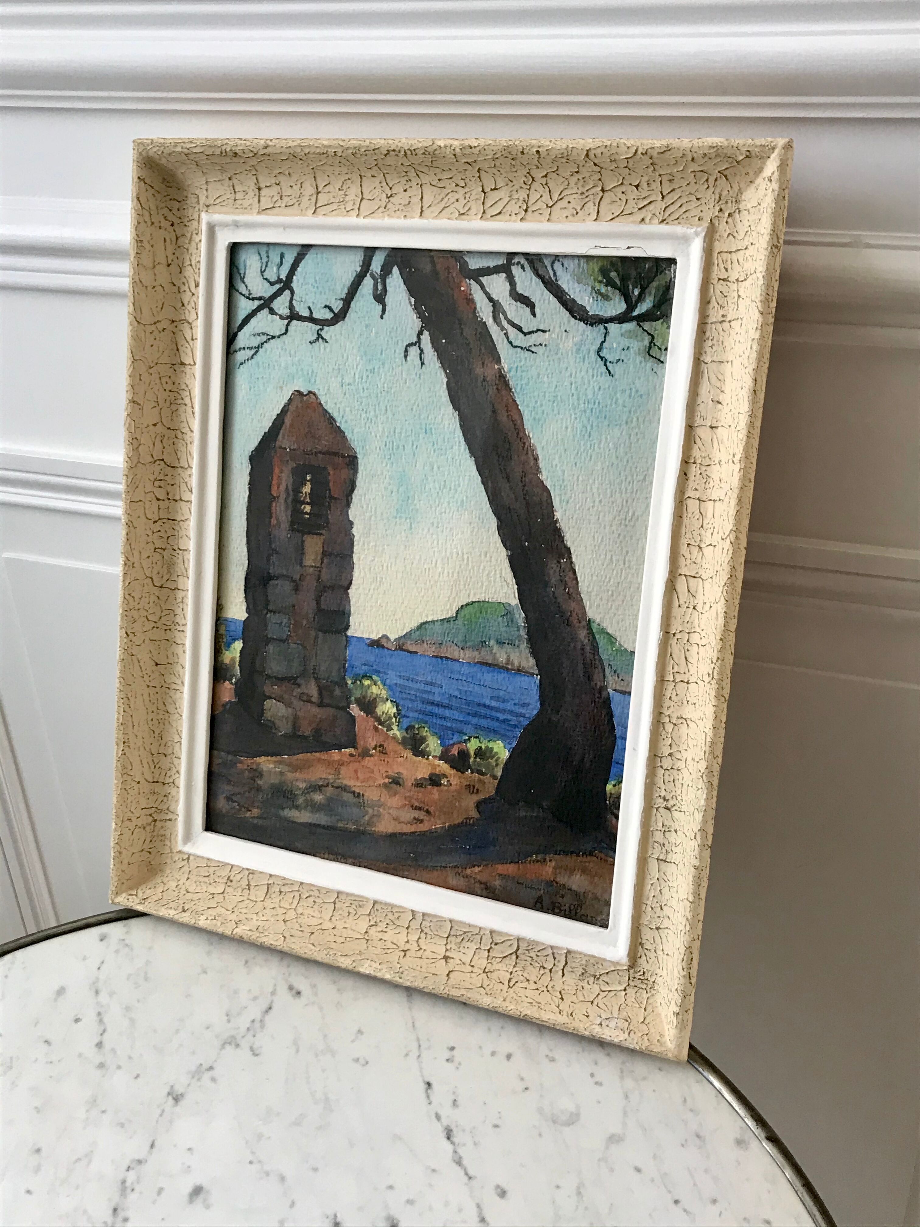 Landscape painting sea old watercolor signed