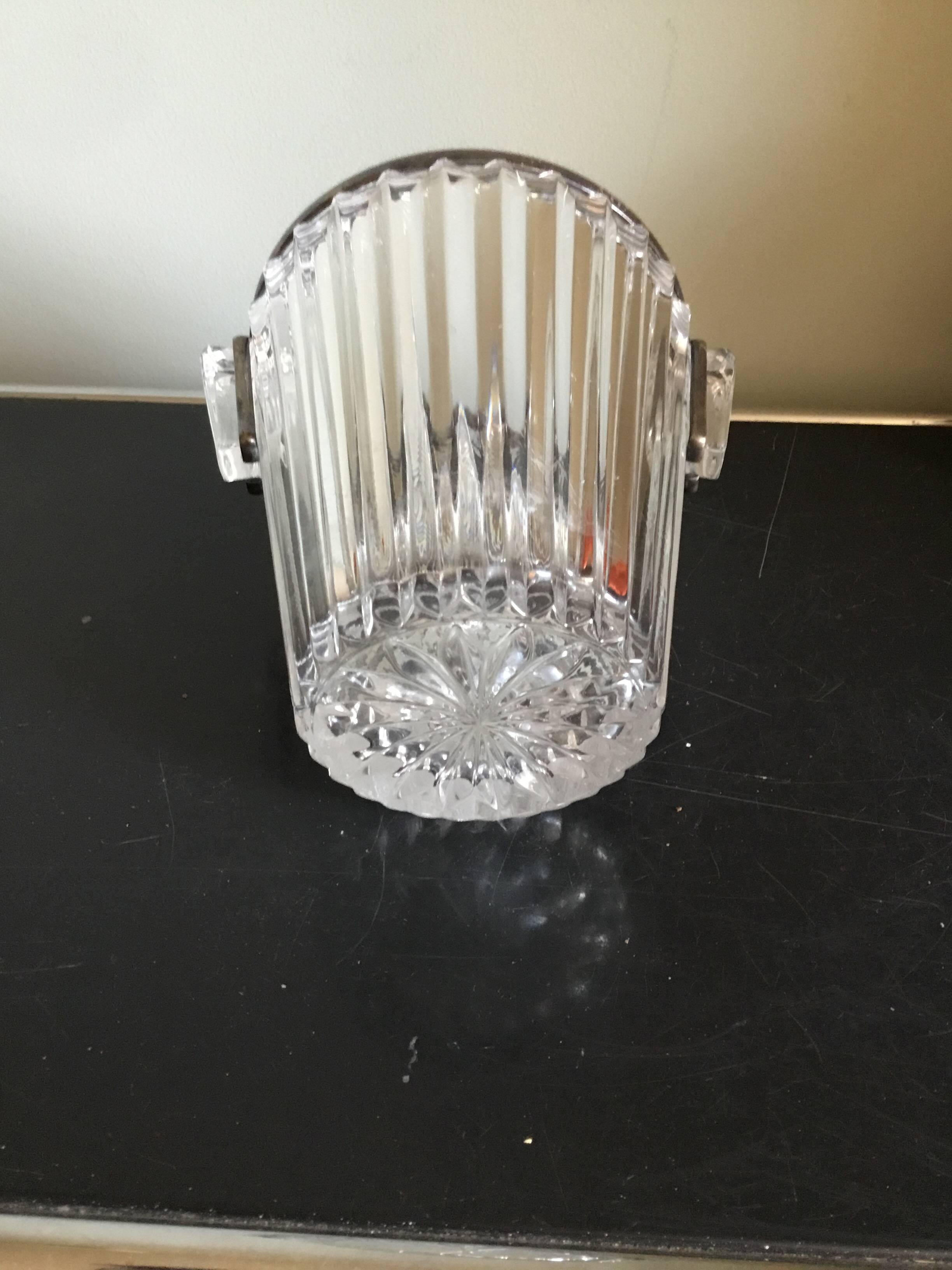 Crystal ice bucket with silver-plated handle