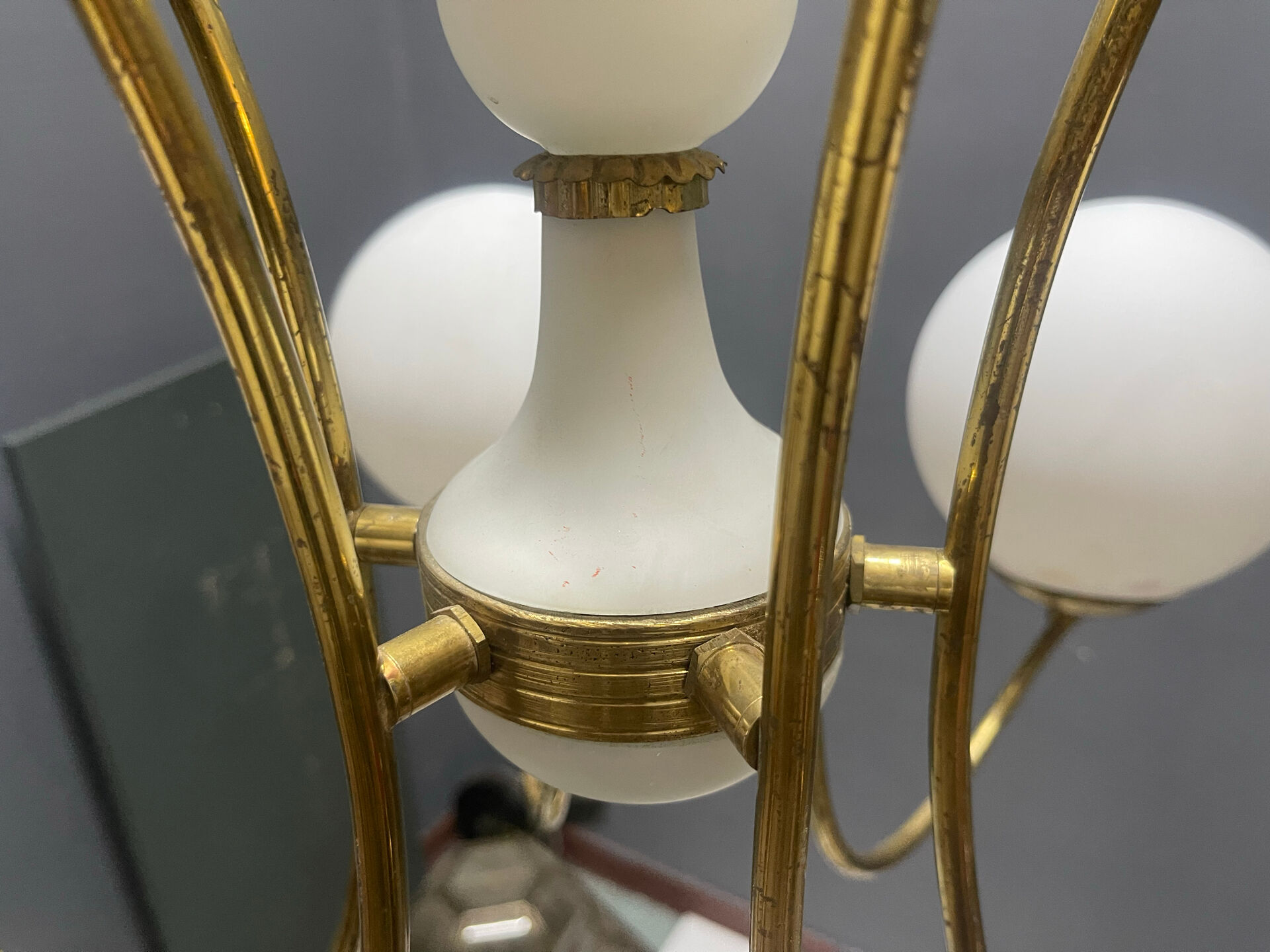 White Opaline Glass & Brass Chandelier, 1960s