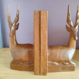 Paire de serre-livres cerfs vintage en chêne massif