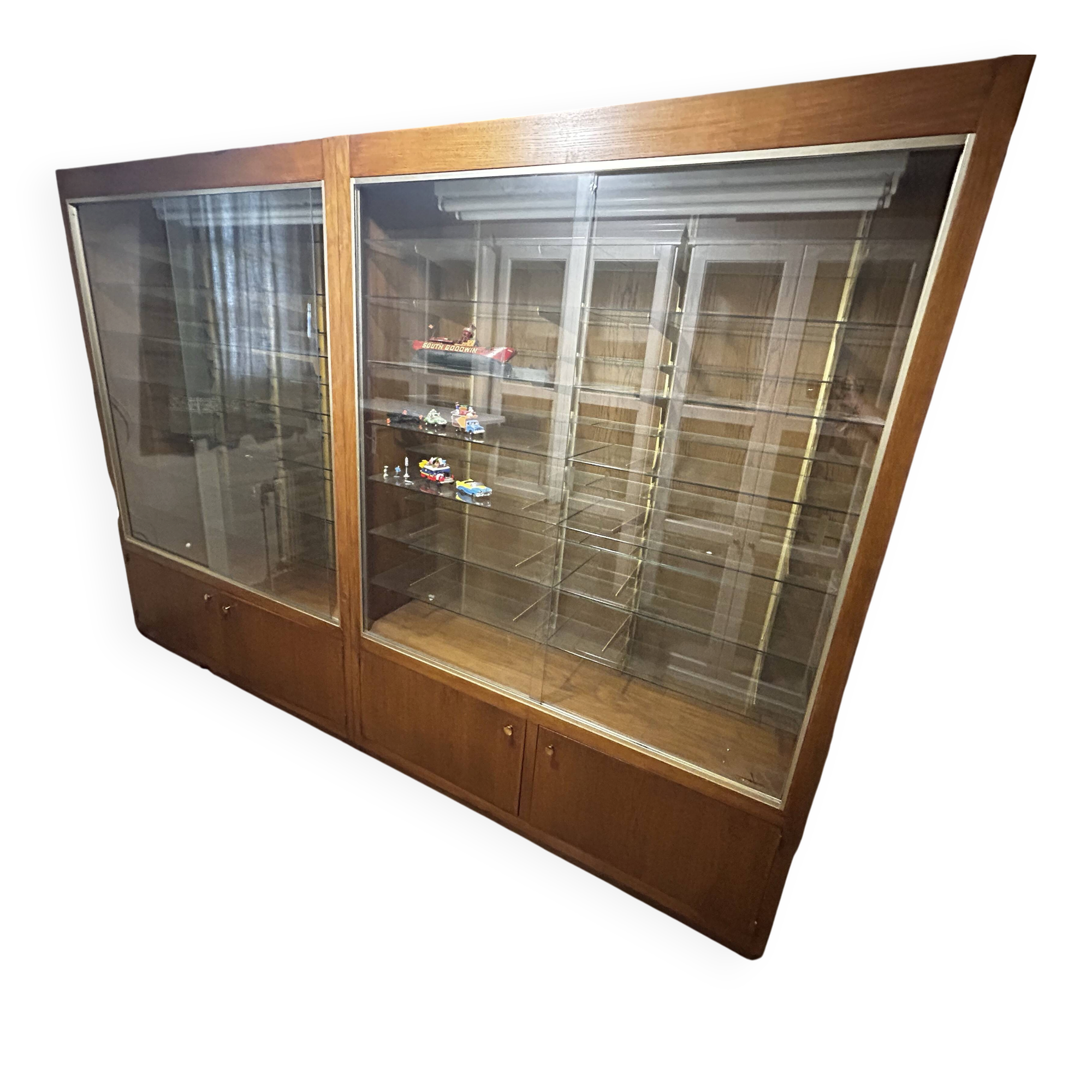 Set of 2 large vintage wooden and glass display cabinets – integrated lighting