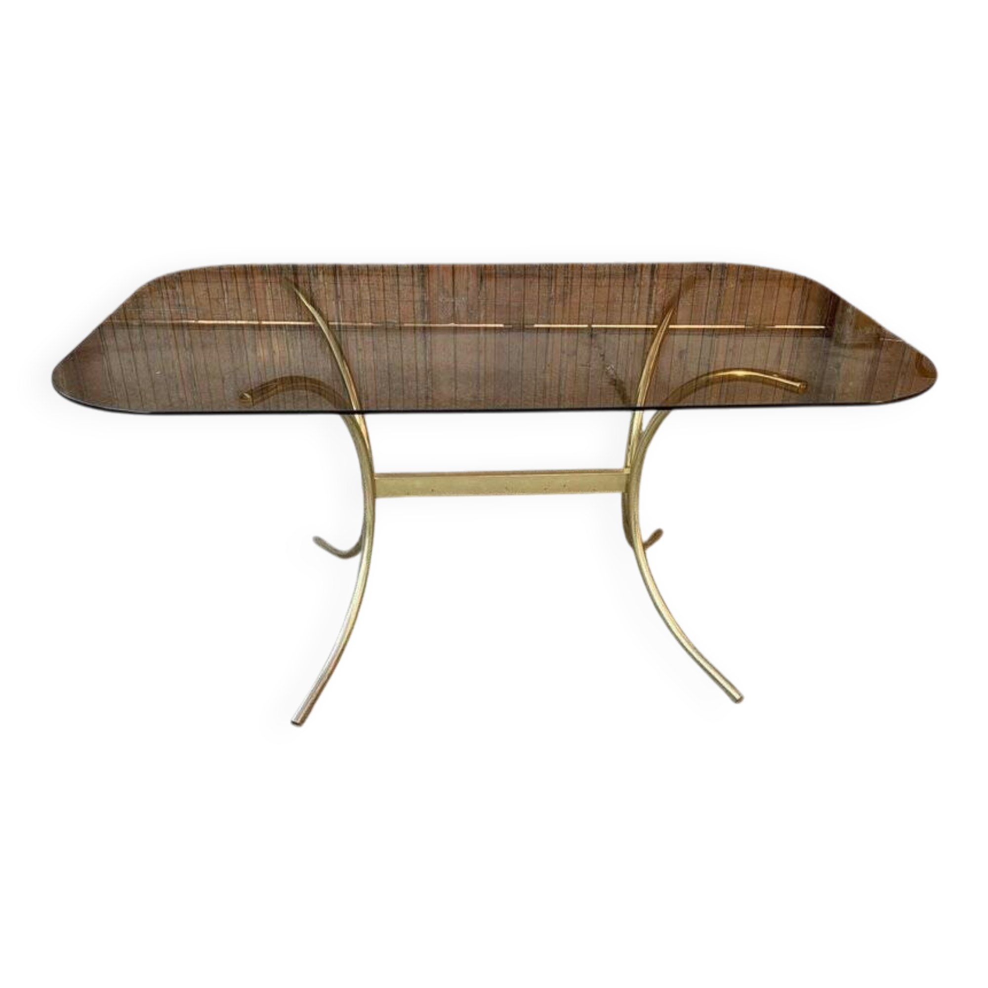 Table à manger années 1970 en laiton doré et verre fumé, style Hollywood Regency