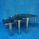 SET OF 3 NESTING TABLES WITH CHROME METAL DOUBLE BASE AND SMOKED GLASS