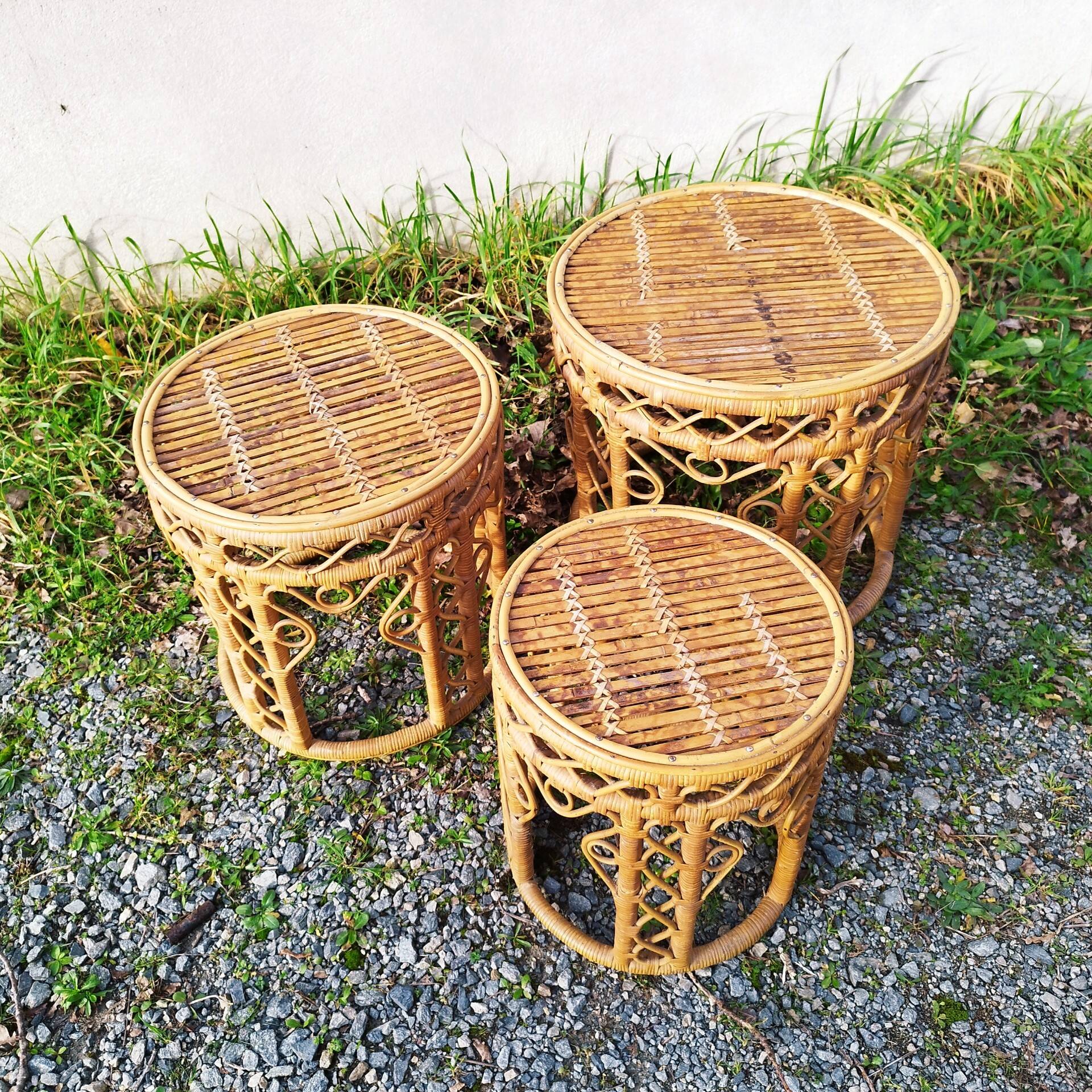 Vintage peacock rattan wicker nesting side tables