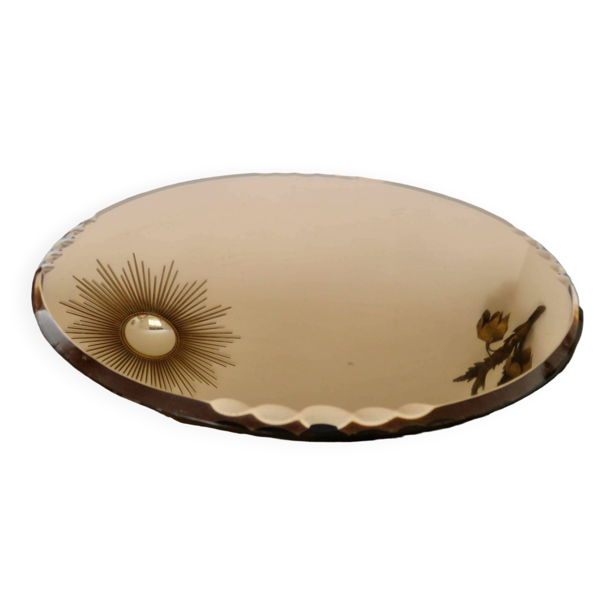 Round beveled amber pink mirror