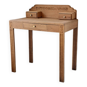 Art Deco oak desk, stripped finish, console size, 3 drawers.