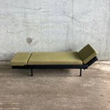 Day Bed sofa in skai, mottled green fabric and black metal 1950