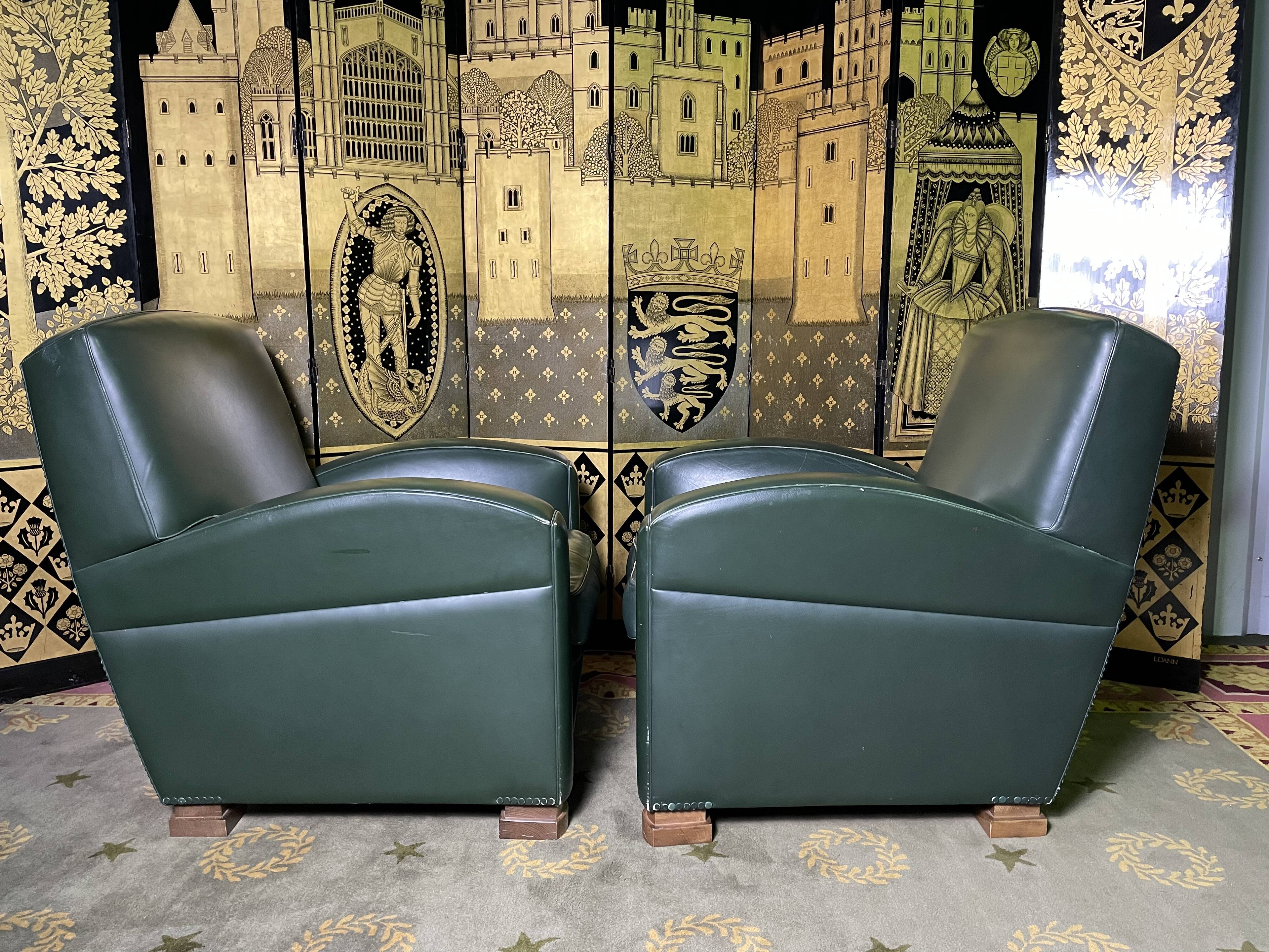 Pair of Poltrona Frau Green Leather Club Armchairs Limited Edition