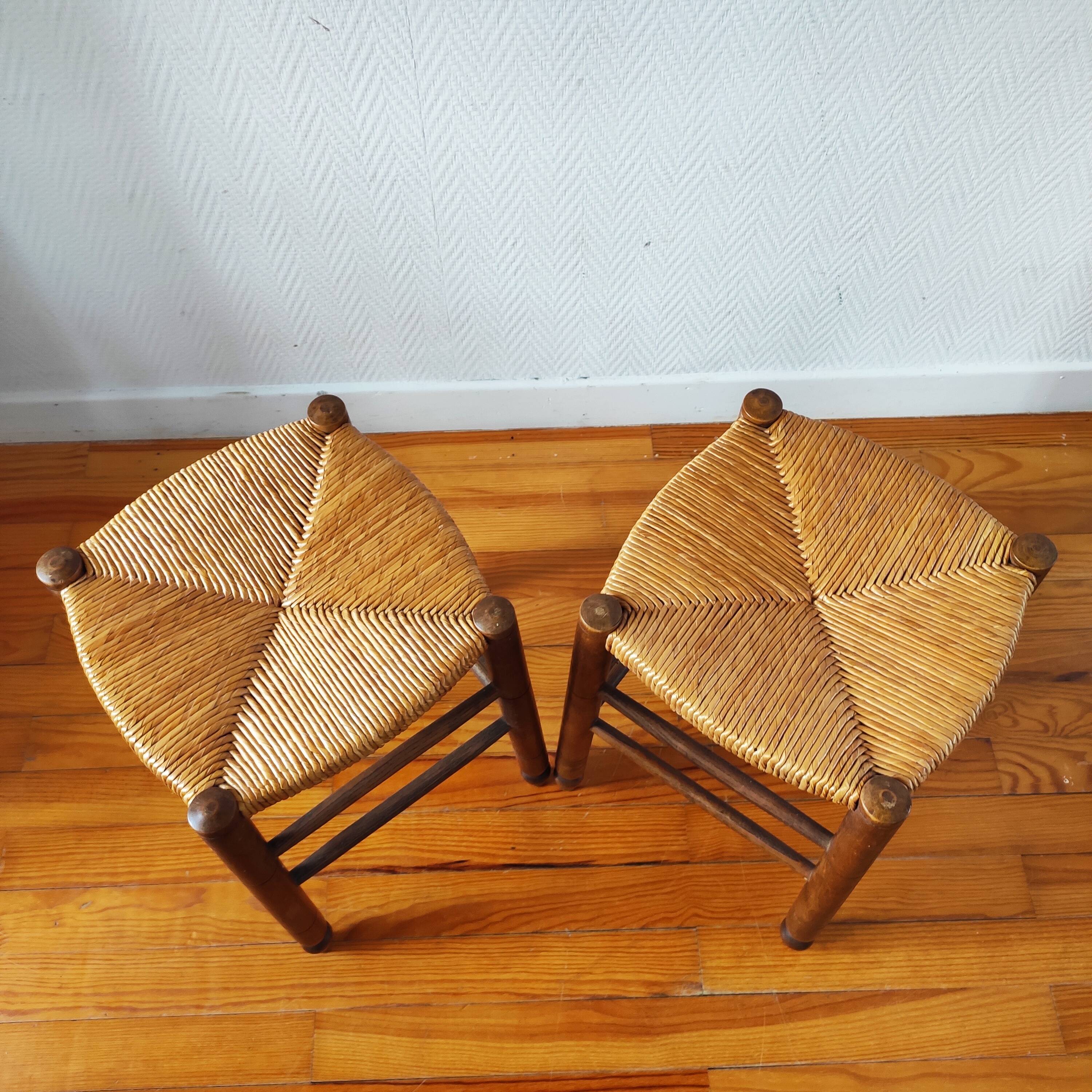 Pair of stools with straw seats, 1960