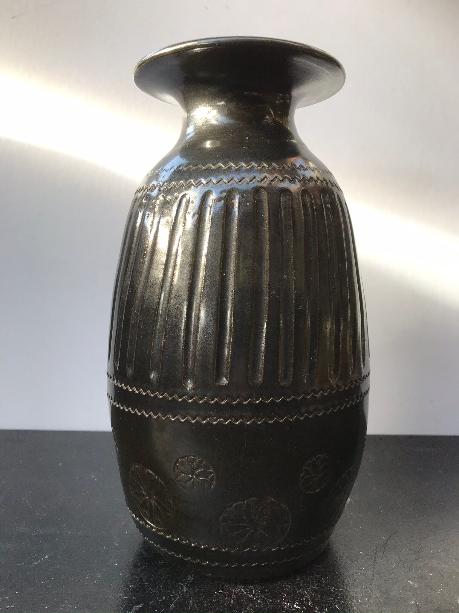 Former Black Brown Ceramic Vase Enamelled Signed HOPWILLER Vintage
