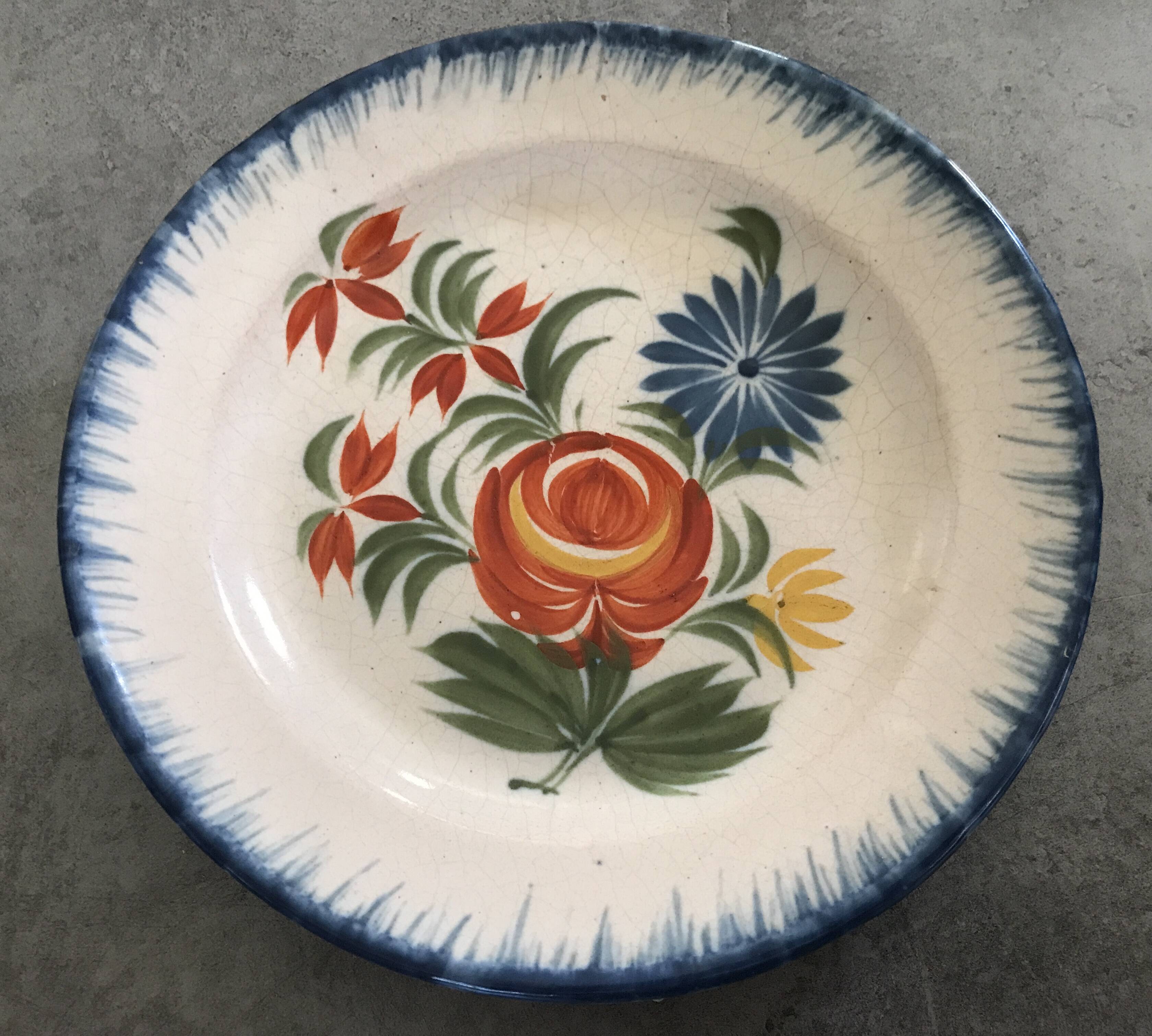 Old plate in auvillar earthenware, floral painting decoration, 19th century