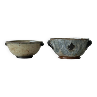 Duo of glazed colored ceramic bowls