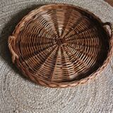 Large round dark wicker tray with two handles