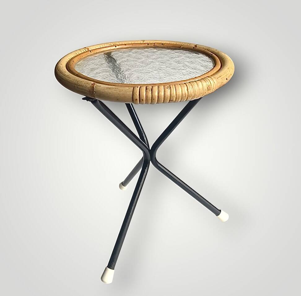 Tripod side table in bamboo and hammered glass - 1950s