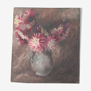 Huile sur panneau Bouquet de dahlias