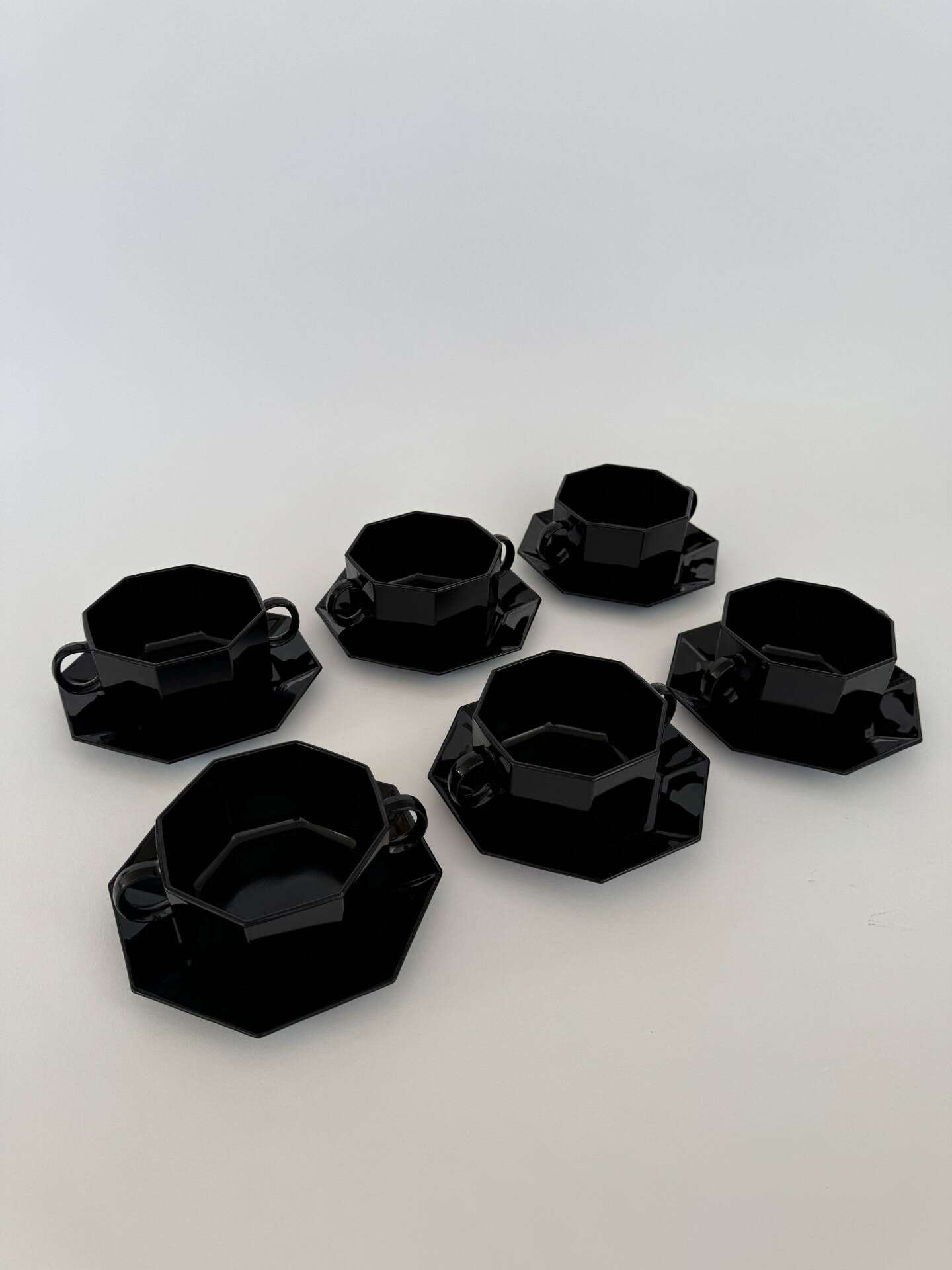 Vintage Set of 6 Arcoroc Black Glass Soup Cups and Saucers Set